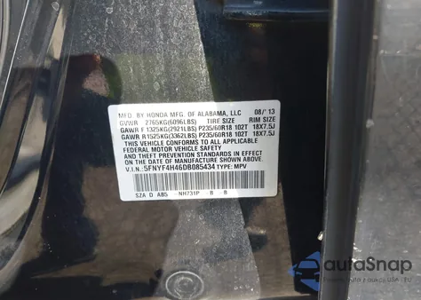 2013 Honda Pilot Ex z USA, uszkodzony, nr VIN 5FNYF4H46DB085434